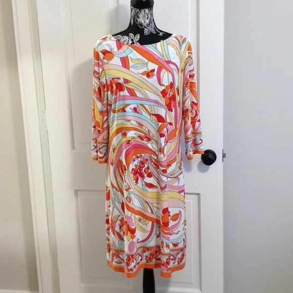 🧡London Times🧡 - Orange/Multi Abstract Floral 3/4 Sleeve Jersey Dress - Picture 1 of 10